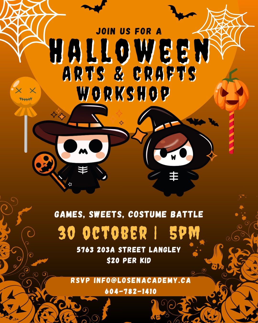 Halloween Arts and Crafts Workshop poster: games, sweets and a costume battle, October 30 at 5 pm, $20 per kid