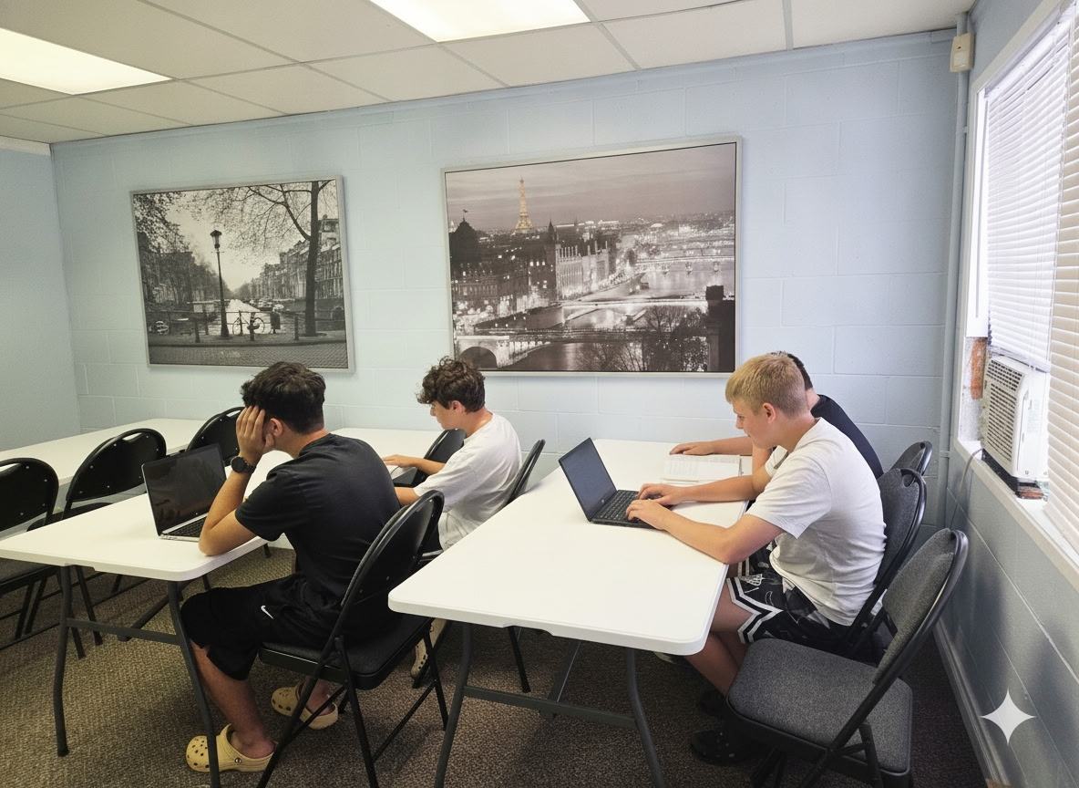 High school students working on laptops in an Olsen Academy classroom