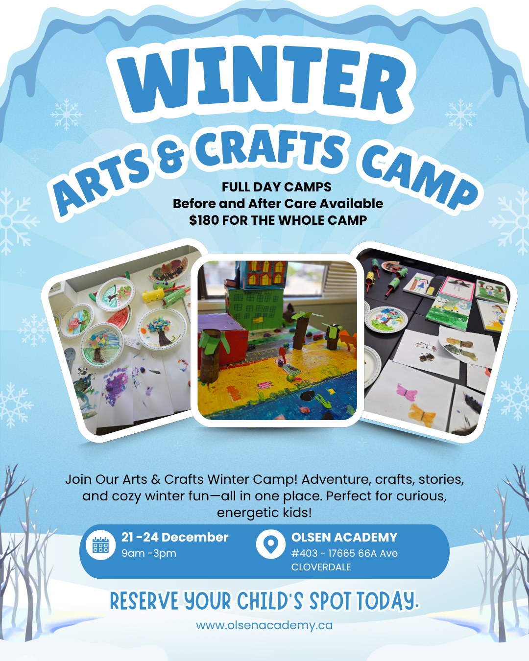 Winter Arts and Crafts Camp poster with photos of student craft projects, December 21 to 24, 9 am to 3 pm, $180 for the whole camp